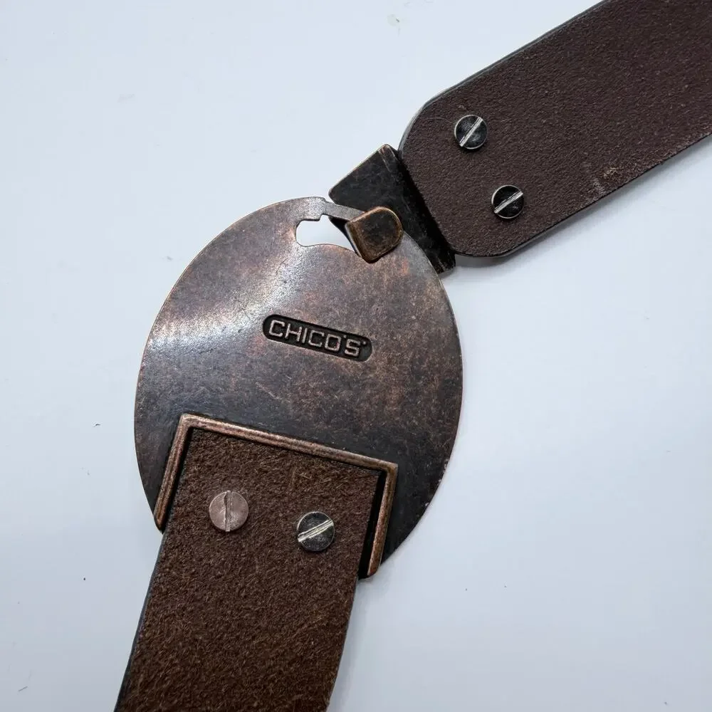 Chico’s Brown Leather Western Belt Small Embellished Buckle Adjustable Boho